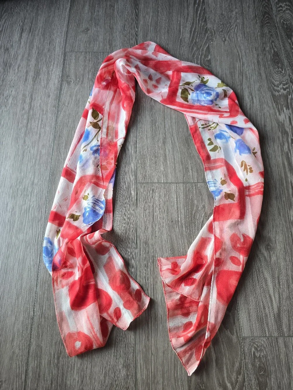 Sheer Chiffon Oblong Scarf Painterly Blue Rose Red Abstract Floral Wrap Long